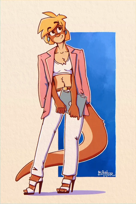 A furry illustration of an anthropomorphic otter character named Rita. She has short, messy blonde hair and is wearing a stylish business outfit: a pink blazer, a white crop top, white trousers, and high heels. She is holding a closed laptop and looking slightly upward with a smile. Her long tail is visible behind her. The background features a simple blue rectangular shape on textured paper.