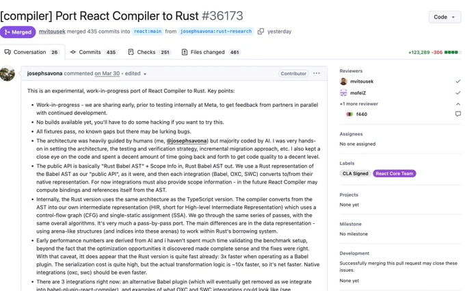 Image: JUST IN: React Compiler's official Rust port PR has been merged into main, delivering a fast, high-fidelity implementation with OXC and SWC integrations. 


#rustlang #rust 
