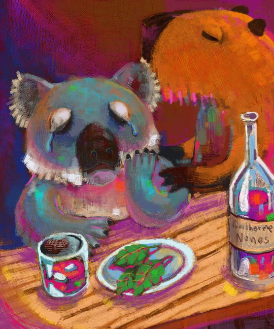 painting of a heartbroken koala at a bar drinking something pink being consoled by his capybara friend