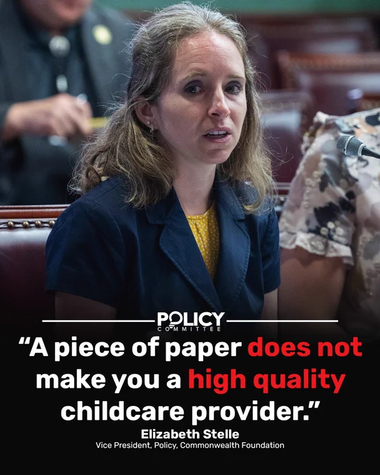 Elizabeth Stelle, VP of Policy at Commonwealth Foundation, speaks at a Policy Committee hearing with quote overlay.