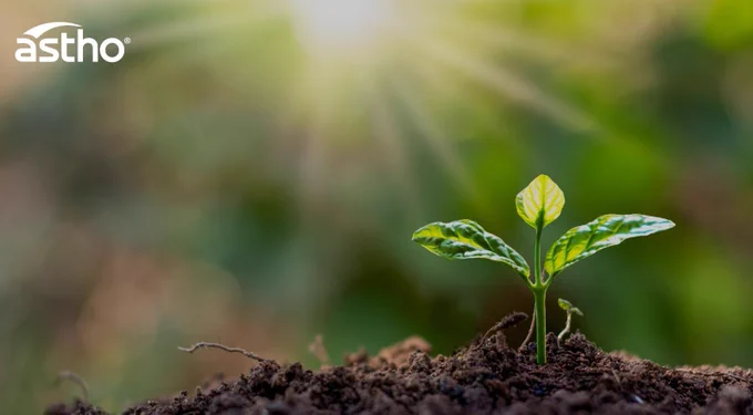 A small green seedling sprouts from soil under bright sunlight, with the Astho logo in the top left corner.