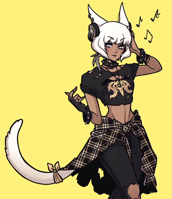 digital artwork of y'shtola from ffxiv in an outfit inspired by the attire she's wearing in the download festival promos. she has a black/yellow/white plaid flannel shirt tied around her waist, wears studded accessories, and is listening to music with headphones.
