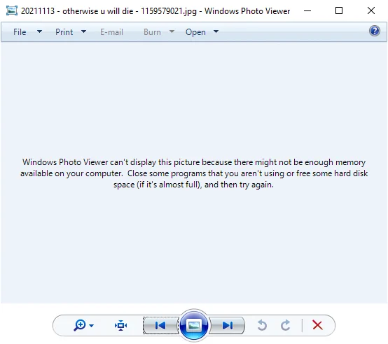 Window title: 20211113 - otherwise u will die - 1159579021.jpg - Windows Photo Viewer

Instead of displaying an image, an error message is seen:
Windows Photo Viewer can't display this picture because there might not be enough memory available on your computer. Close some programs that you aren't using or free some hard disk space (if it's almost full). and then try again.