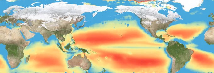 A flat map of the world showing regions in the ocean colored red to indicate the areas of highest nutrient-related stress. Large red bands are seen across the Pacific, Atlantic, and Indian Ocean. Credit: NASA