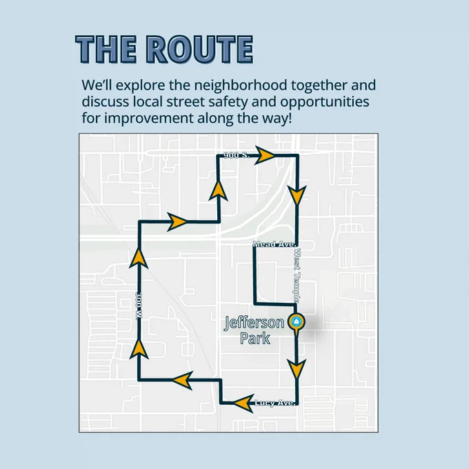 Map outlining the route through ballpark and central ninth neighborhoods. The text above reads “The Route”. We’ll explore the neighborhood and discuss local street safety and opportunities for improvement along the way.