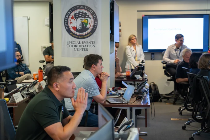 Interagency staff participate in a World Cup preparation exercise at the Special Events Coordination Center at FEMA headquarters in Washington, DC.
