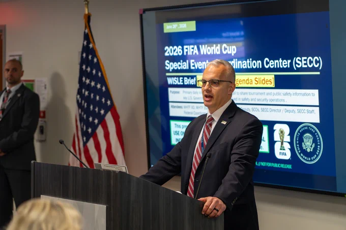 A Department of Homeland Security official participates in a World Cup preparation exercise at the Special Events Coordination Center at FEMA headquarters in Washington, DC.