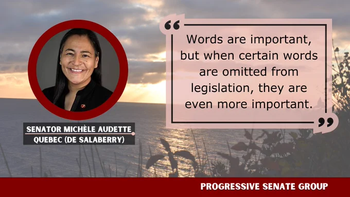 "Words are important, but when certain words are omitted from legislation, they are even more important." Senator Michèle Audette, Quebec (De Salaberry), Progressive Senate Group
