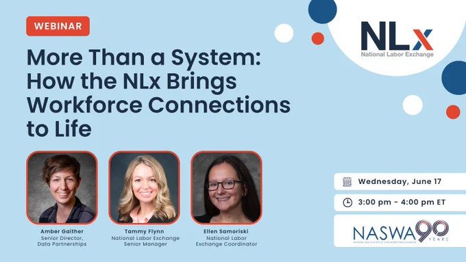 This image is a promotional flyer for a webinar hosted by the National Labor Exchange (NLx) and NASWA. The webinar is titled "More Than a System: How the NLx Brings Workforce Connections to Life" and is scheduled for Wednesday, June 17, from 3:00 pm to 4:00 pm ET. The flyer includes headshots and names of three presenters: Amber Gaither, Tammy Flynn, and Ellen Samoriski.