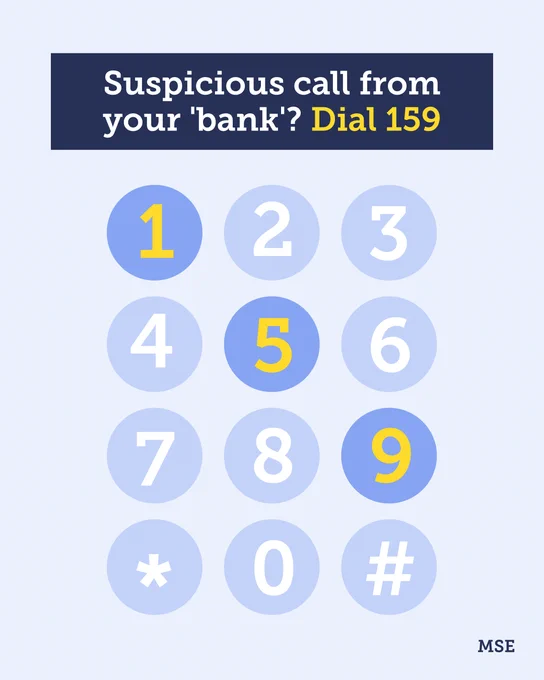 'Suspicious call from your 'bank'? Dial 159.' Text is in a blue box above a phone keypad which has the numbers 1, 5 and 9 highlighted diagonally.