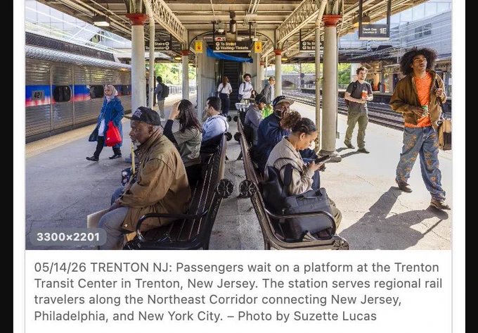 A NJ News Wire photo library entry: commuters wait on a covered platform at the Trenton Transit Center in Trenton, New Jersey, with a caption crediting photographer Suzette Lucas.