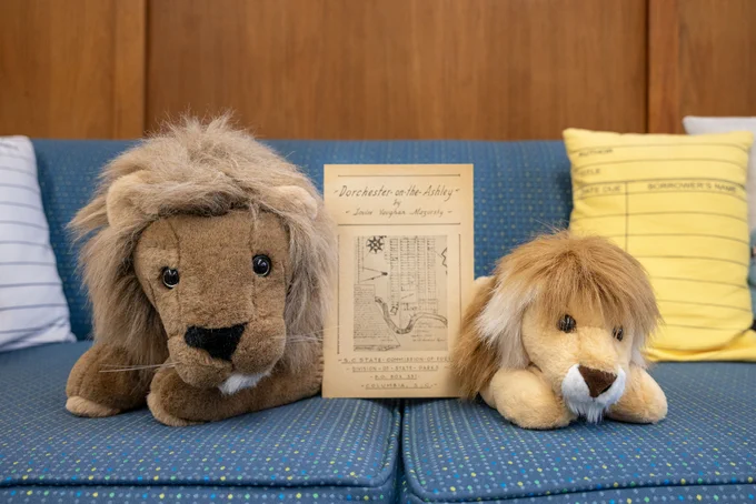 The lions Sol and Edgar are sitting on a blue couch at the State Library. In between them is a copy of “Dorchester-on-the-Ashley”.