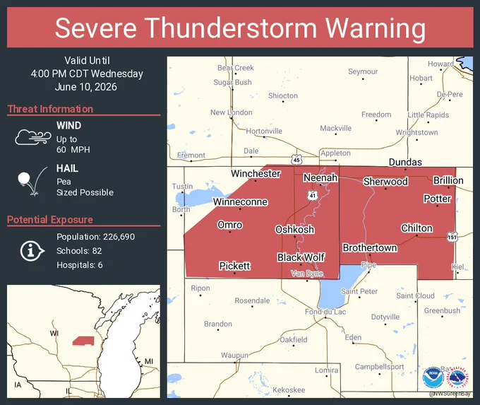 This graphic displays a severe thunderstorm warning plotted on a map. The warning is in effect until 4:00 PM CDT. The warning includes Oshkosh WI, Neenah WI and Menasha WI.  This warning is for Calumet County in east central Wisconsin and Winnebago County in east central Wisconsin. The threats associated with this warning are wind gusts up to 60 MPH and pea sized hail. There are 226,690 people in the warning along with 82 schools and 6 hospitals.