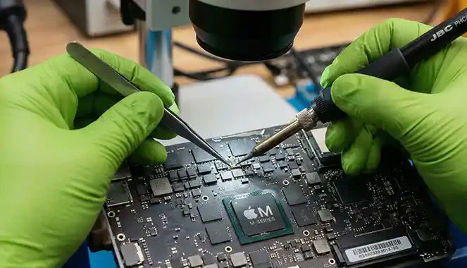 Mac logic board microsoldering under microscope, showing precision repair used to access storage and perform data recovery on non‑functional Macs.