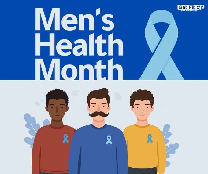 Illustration of three men wearing blue ribbons under the text 'Men's Health Month' with a large blue awareness ribbon in the background.