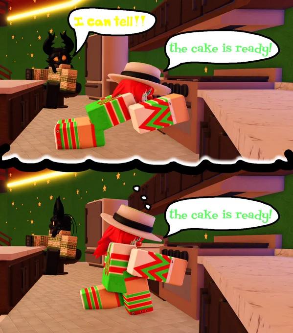 roblox render of me baking a cake  in roblox,my thought bubble shows my partner, kenni, looking at me while i say "the cake is ready" while they reply "i can tell" while in reality its just me saying "the cake is ready" while they dont look