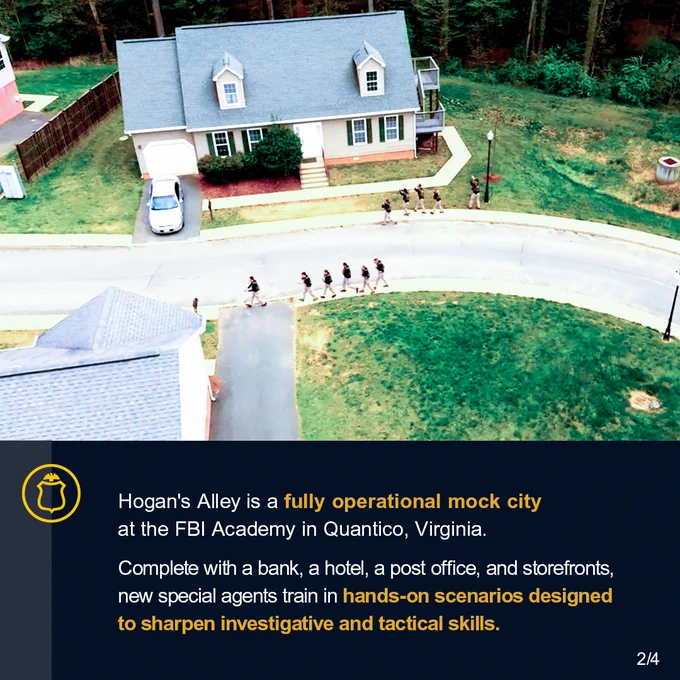Aerial view of FBI trainees walking in a line through a residential neighborhood. Hogan's Alley is a fully operational mock city at the FBI Academy in Quantico, Virginia. Complete with a bank, a hotel, a post office, and storefronts, new special agents train in hands-on scenarios designed to sharpen investigative and tactical skills. FBI Jobs logo.