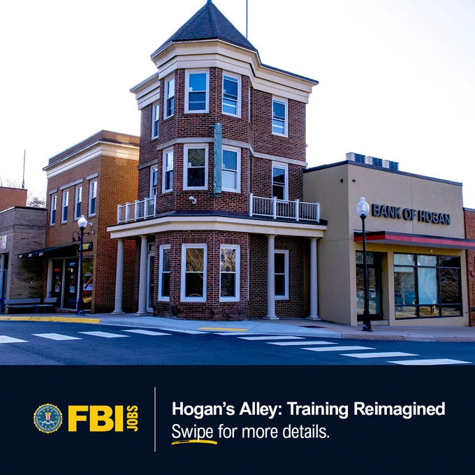 Corner of a brick building next to a Bank of Hogan storefront. Hogan's Alley: Training Reimagined. Swipe for more details. FBI Jobs logo.