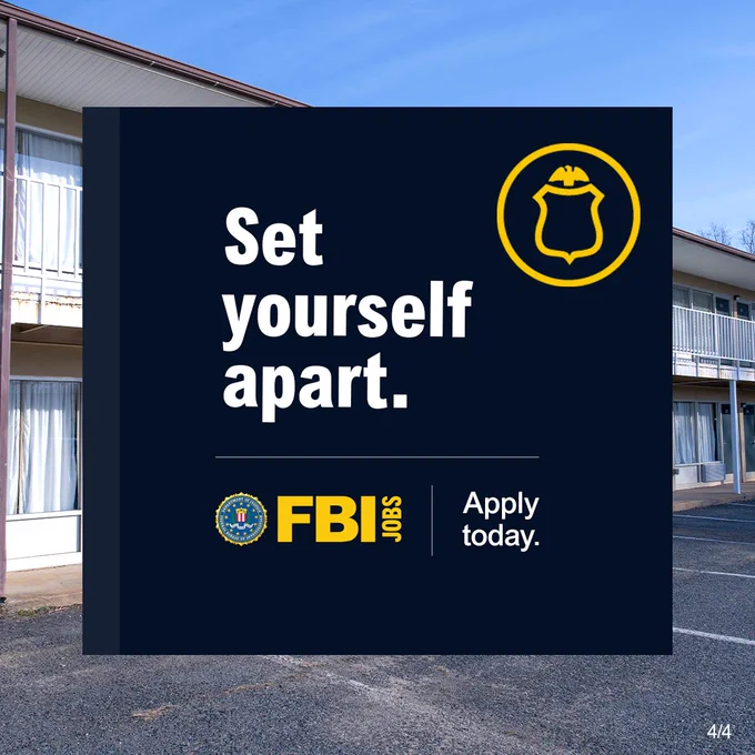 Exterior of a motel with a parking lot. Set yourself apart. FBI Jobs. Apply today. FBI Jobs logo.