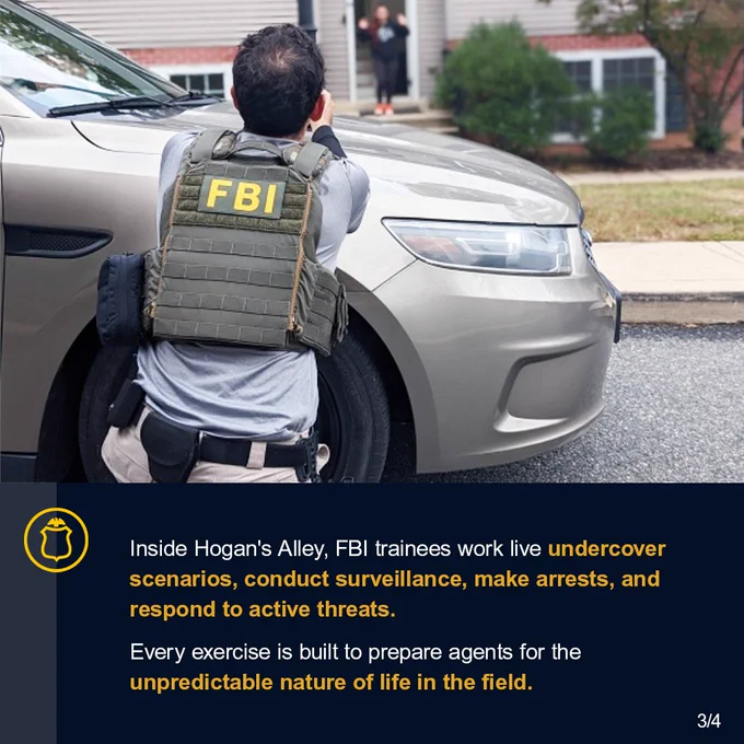 FBI agent in a tactical vest crouching behind a car during a training exercise. Inside Hogan's Alley, FBI trainees work live undercover scenarios, conduct surveillance, make arrests, and respond to active threats. Every exercise is built to prepare agents for the unpredictable nature of life in the field. FBI Jobs logo.