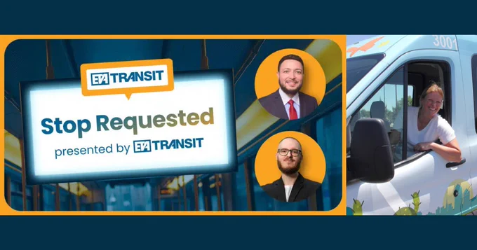 Digital sign on a bus displaying 'Stop Requested' by ETA Transit with two interviewer photos and a photo of Transit Director Keener in a van. 