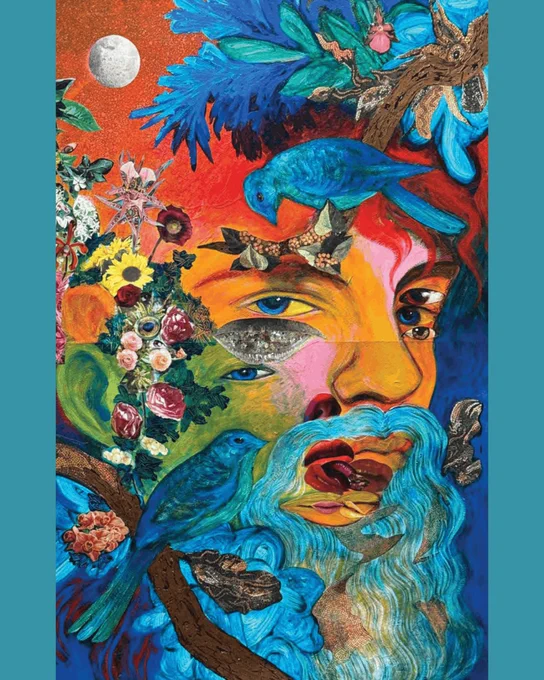 Surreal, colorful portrait composed of overlapping faces, eyes, flowers, birds, branches, and foliage. Deep blues, oranges, greens, and pinks blend together beneath a bright moon, creating a dreamlike composition filled with natural and symbolic imagery.