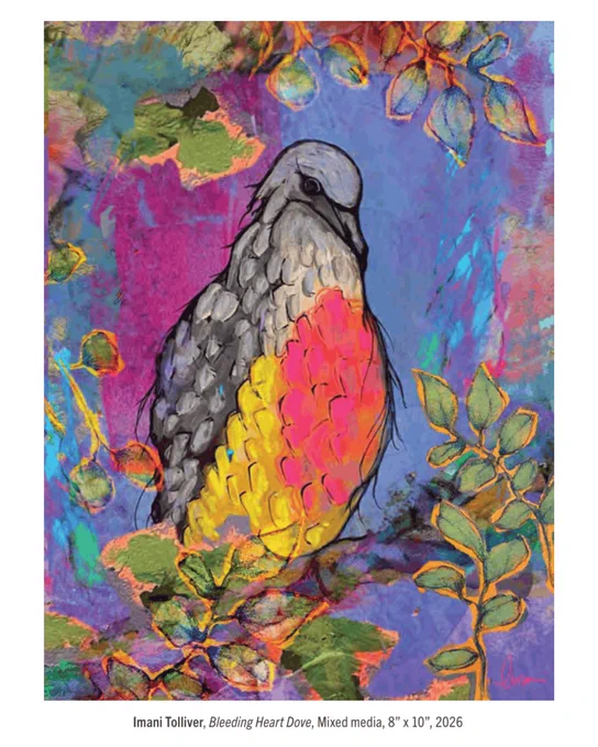 Mixed-media artwork of a dove perched among leafy branches. The bird’s gray body is accented with vivid pink and yellow feathers, set against a richly textured purple, blue, and magenta background with scattered foliage.
