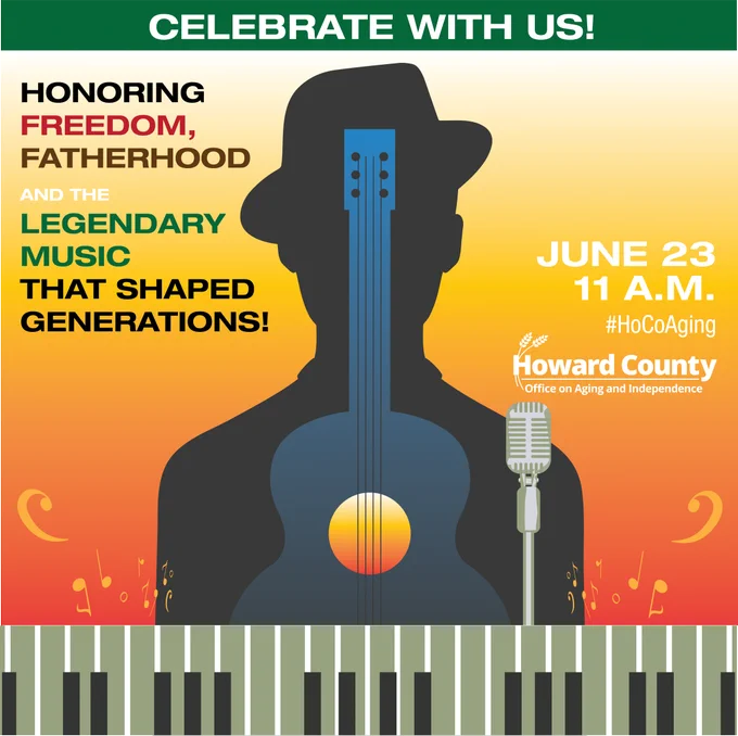 Silhouette of a musician with a guitar and microphone, celebrating freedom, fatherhood, and legendary music at Howard County's Bain 50  Center in Columbia on June 23 at 11 A.M. 