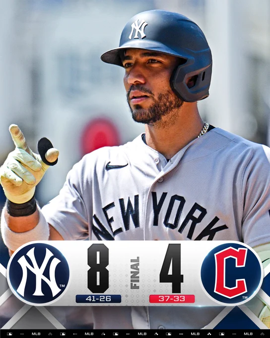 Final Score Graphic 6/10/26
New York Yankees 8 (41-26), Cleveland Guardians 4 (37-33)
Pictured: José Caballero points towards the Yankees dugout after hitting an RBI single. He wears a gray Yankees uniform with navy lettering and a navy batting helmet.