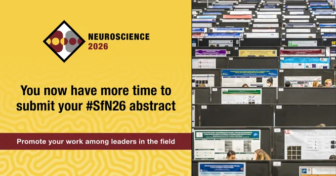 A promotional image for the Neuroscience 2026 conference urging submission of abstracts. The mood is professional and informative.
