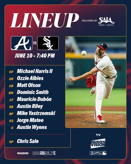 Braves Starting Lineup vs the White Sox: CF Michael Harris II, 2B Ozzie Albies, 1B Matt Olson, DH Dominic Smith, LF Mauricio Dubón, 3B Austin Riley, RF Mike Yastrzemski, SS Jorge Mateo, C Austin Wynns, SP Chris Sale