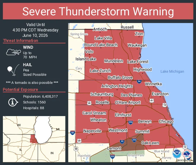 This graphic displays a severe thunderstorm warning plotted on a map. The warning is in effect until 4:30 PM CDT. The warning includes Chicago IL, Naperville IL and Waukegan IL.  This warning is for Lake County in northeastern Illinois, DuPage County in northeastern Illinois and Cook County in northeastern Illinois. The threats associated with this warning are wind gusts up to 70 MPH and pea sized hail. There are 6,408,317 people in the warning along with 1560 schools and 88 hospitals.