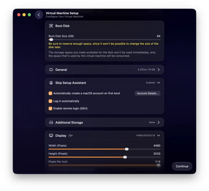 Screenshot of a Virtual Machine Setup window showing configuration options. Skip Setup Assistant is enabled with options to automatically create a macOS account, log in automatically, and enable remote SSH login. Next to Skip Setup Assistant settings there's a button titled "Account Details"