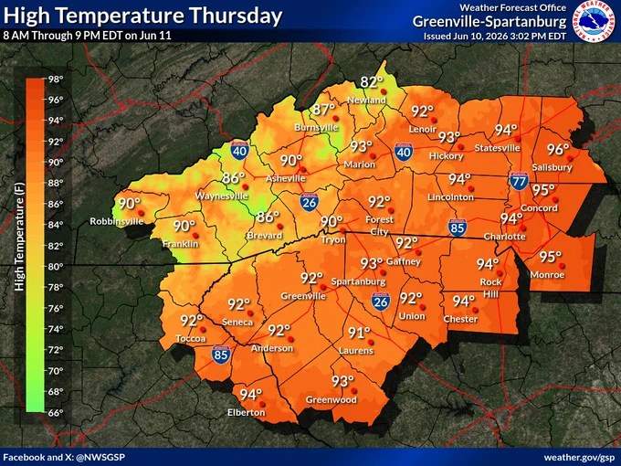 High temperatures on Thursday June 10th 2026 across the western Carolinas and northeast Georgia. Highs will climb into the mid 80s to lower 90s across the lower elevations of the North Carolina mountains. Highs east of the mountains will climb into the lower to mid 90s. 
