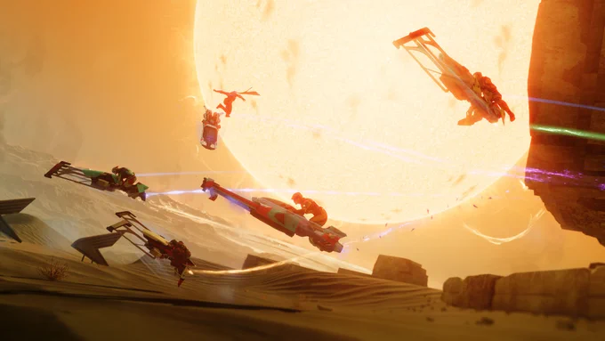 Two Sparrows and a Skimmer mid-air chase two Sparrows on the ground with the Mercury sun behind them in Sparrow Racing League.