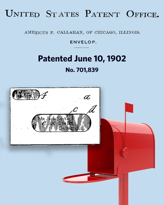United States Patent Office. Americus F. Callahan, of Chicago, Illinois. Envelop. Patented June 10, 1902. No. 701,839. Image of an envelope next to a red mailbox on a blue background. 