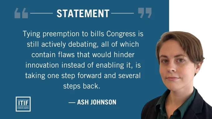 A statement addressing concerns about preemption in Congress and its impact on innovation. A person is visible on the right side.