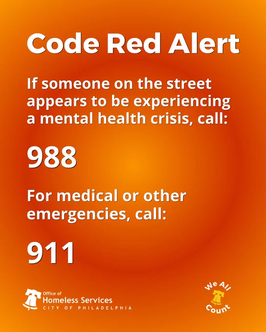 Code Red Alert

If someone on the street appears to be experiencing a mental health crisis, call:

988

For medical or other emergencies, call:

911