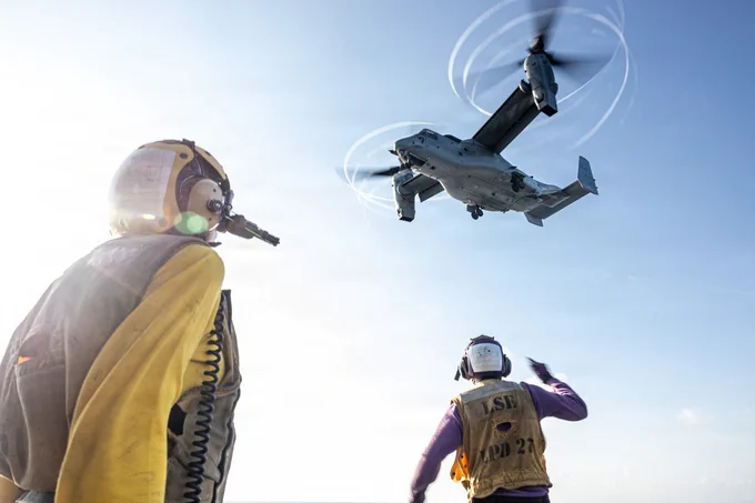 U.S. Sailors assigned to San Antonio-class amphibious transport dock ship USS Portland (LPD 27), observe an MV-22B Osprey with Marine Medium Tiltrotor Squadron\u202F(VMM)\u202F163 (Reinforced), 11th Marine Expeditionary Unit, take off from the flight deck in the South China Sea, June 6, 2026. The 11th MEU, embarked aboard the Boxer Amphibious Ready Group, is a persistent, combat credible force contributing to deterrence and crisis response in the U.S. 7th Fleet area of operations. U.S. 7th Fleet, the U.S. Navy's largest forward-deployed numbered fleet, routinely interacts and operates with allies and partners to preserve a free and open Indo-Pacific. (U.S. Marine Corps photo by Cpl. Avery Wayland)\n\n