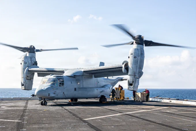 A U.S. Marine Corps MV-22B Osprey with Marine Medium Tiltrotor Squadron\u202F(VMM)\u202F163 (Reinforced), 11th Marine Expeditionary Unit, stages aboard San Antonio-class amphibious transport dock ship USS Portland (LPD 27) in the South China Sea, June 6, 2026. The 11th MEU, embarked aboard the Boxer Amphibious Ready Group, is a persistent, combat credible force contributing to deterrence and crisis response in the U.S. 7th Fleet area of operations. U.S. 7th Fleet, the U.S. Navy's largest forward-deployed numbered fleet, routinely interacts and operates with allies and partners to preserve a free and open Indo-Pacific. (U.S. Marine Corps photo by Cpl. Avery Wayland)\n\n