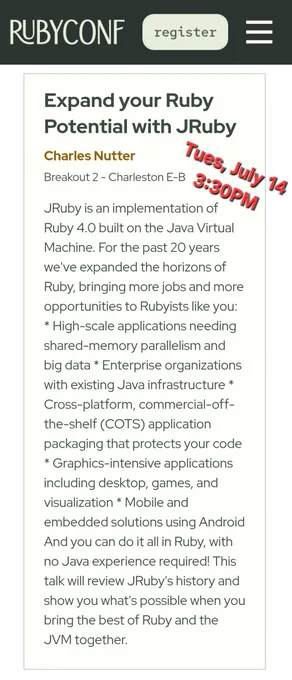 Expand your Ruby Potential with JRuby
Charles Nutter

Breakout 2 - Charleston E-B

JRuby is an implementation of Ruby 4.0 built on the Java Virtual Machine. For the past 20 years we've expanded the horizons of Ruby, bringing more jobs and more opportunities to Rubyists like you