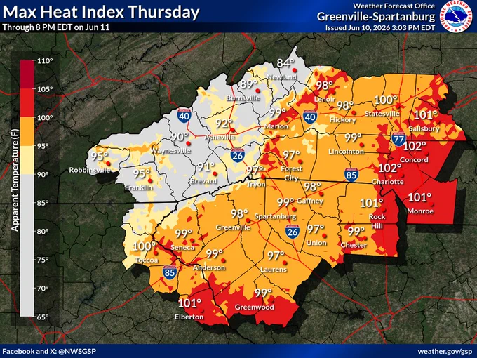 Max heat index on Thursday June 10th 2026 across the western Carolinas and northeast Georgia. The heat index will climb into the upper 90s to lower 100s east of the mountains. The heat index across the lower elevations of the North Carolina mountains will range from the lower to mid 90s. 