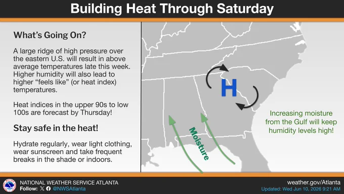 This graphic has a map illustrating the weather pattern on the right and details about the heat concerns on the left. 