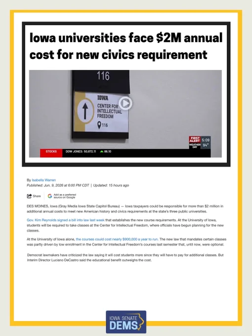 Screenshot Of A News Story Saying That New Civics Courses Requirements At Iowa University Will Cost $2M A Year With A Photo Of A College Classroom Number Plaque.