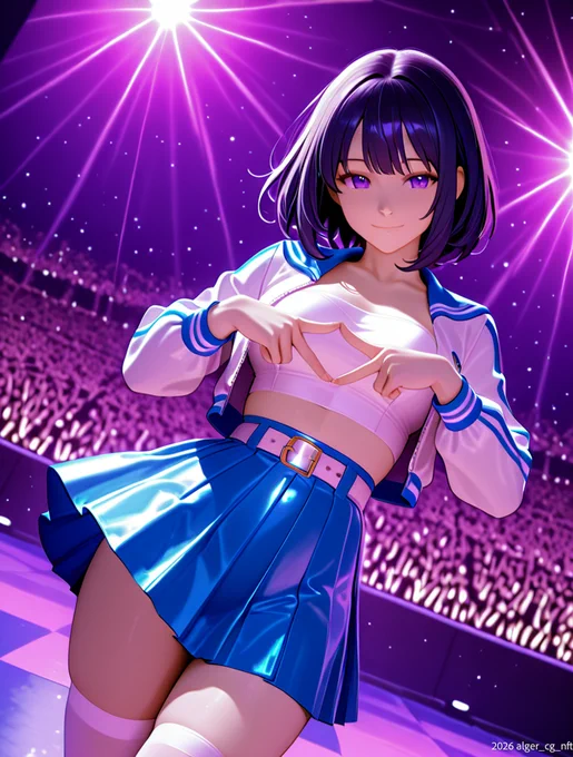 he exact same outfit as reference: white cropped zip-up jacket with blue stripes, white strapless crop top with blue band, white mini skirt with blue side slits (skirt length just above mid-thigh, proper coverage, no excessive upskirt), bright blue wide belt with large silver buckle, white knee-high socks, white platform shoes,