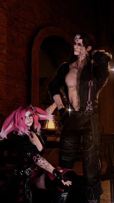 ARR Ruby (short pink hair) shows off Scion Emet with his shirt now open, in anticipation of Gposes to come