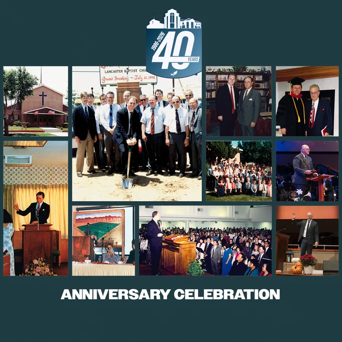 A collage commemorating the 40th anniversary of a church, featuring events, gatherings, and key figures over the years. The mood is celebratory and nostalgic.