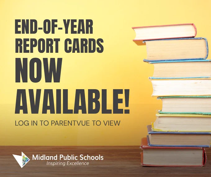 A stack of books against a yellow background with the words End of Year Report Cards Now Available