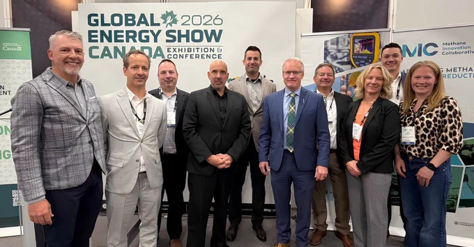 Minister of Environment and Protected Areas Grant Hunter poses with funding recipients while highlighting Alberta’s leadership in methane emissions reduction at the 2026 Global Energy Show