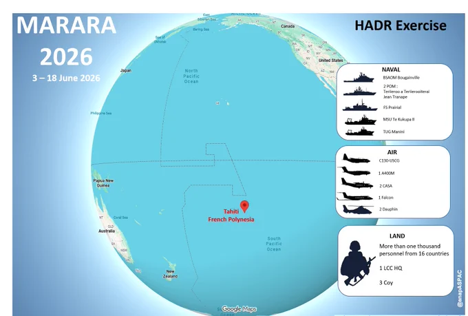 Map with the military resources deployed for Exercise Marara 2026 by France and its regional partners. 
